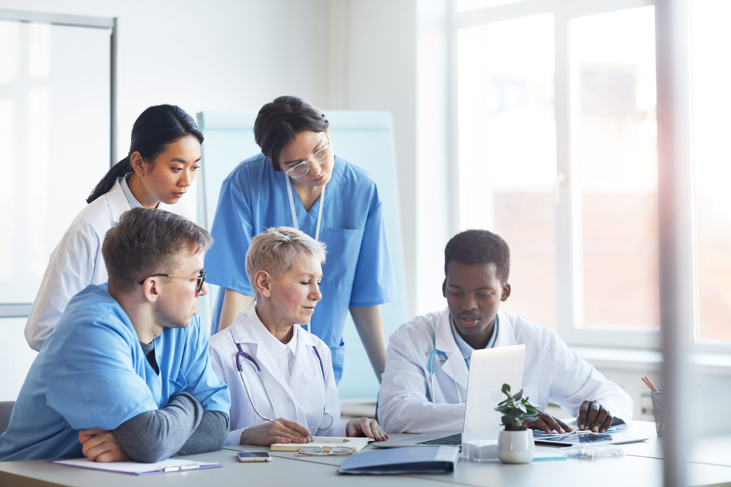 Multi-ethnic group of doctors looking at laptop screen while working together sitting at desk in medical office interior
